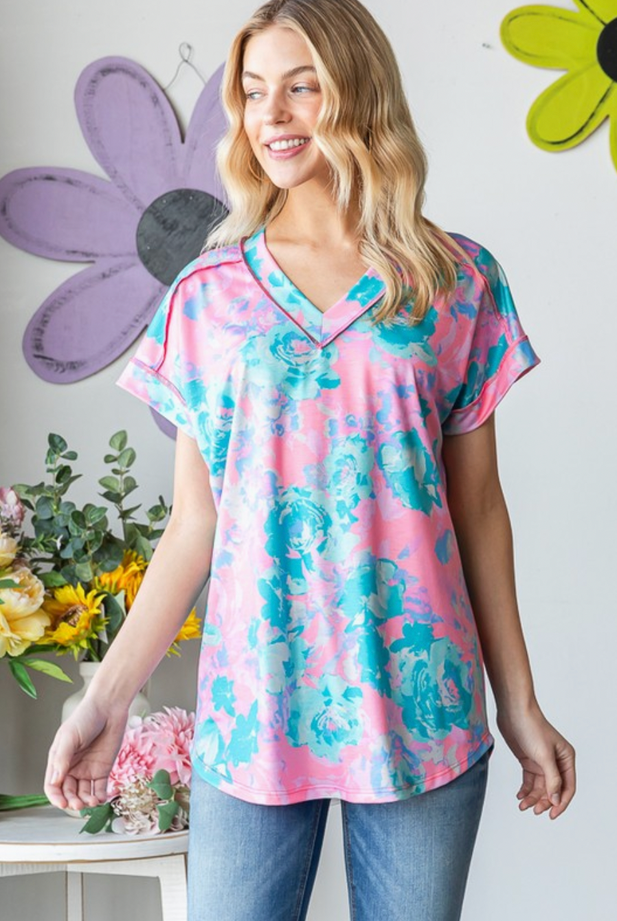 Pink and Turquoise Floral Short Sleeve Top
