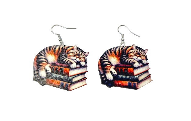 Cat on Books Earrings