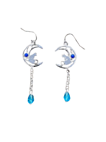 Silvertone Cat and Moon Earrings