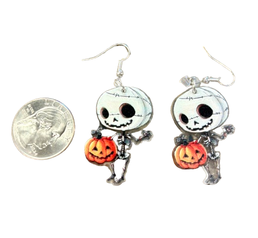 Skeleton Carrying Pumpkin Earrings