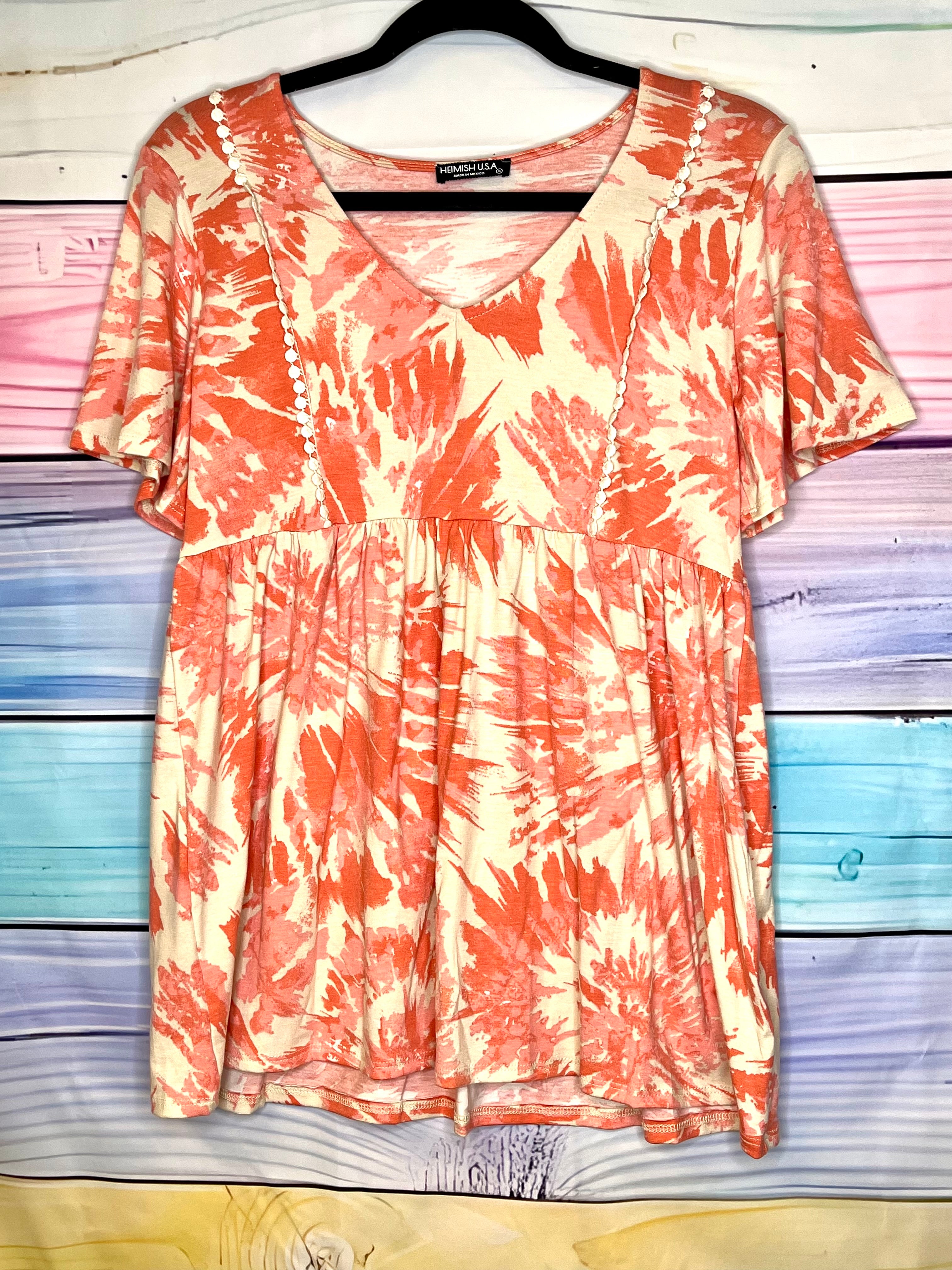 Coral and Beige Short Sleeve Top