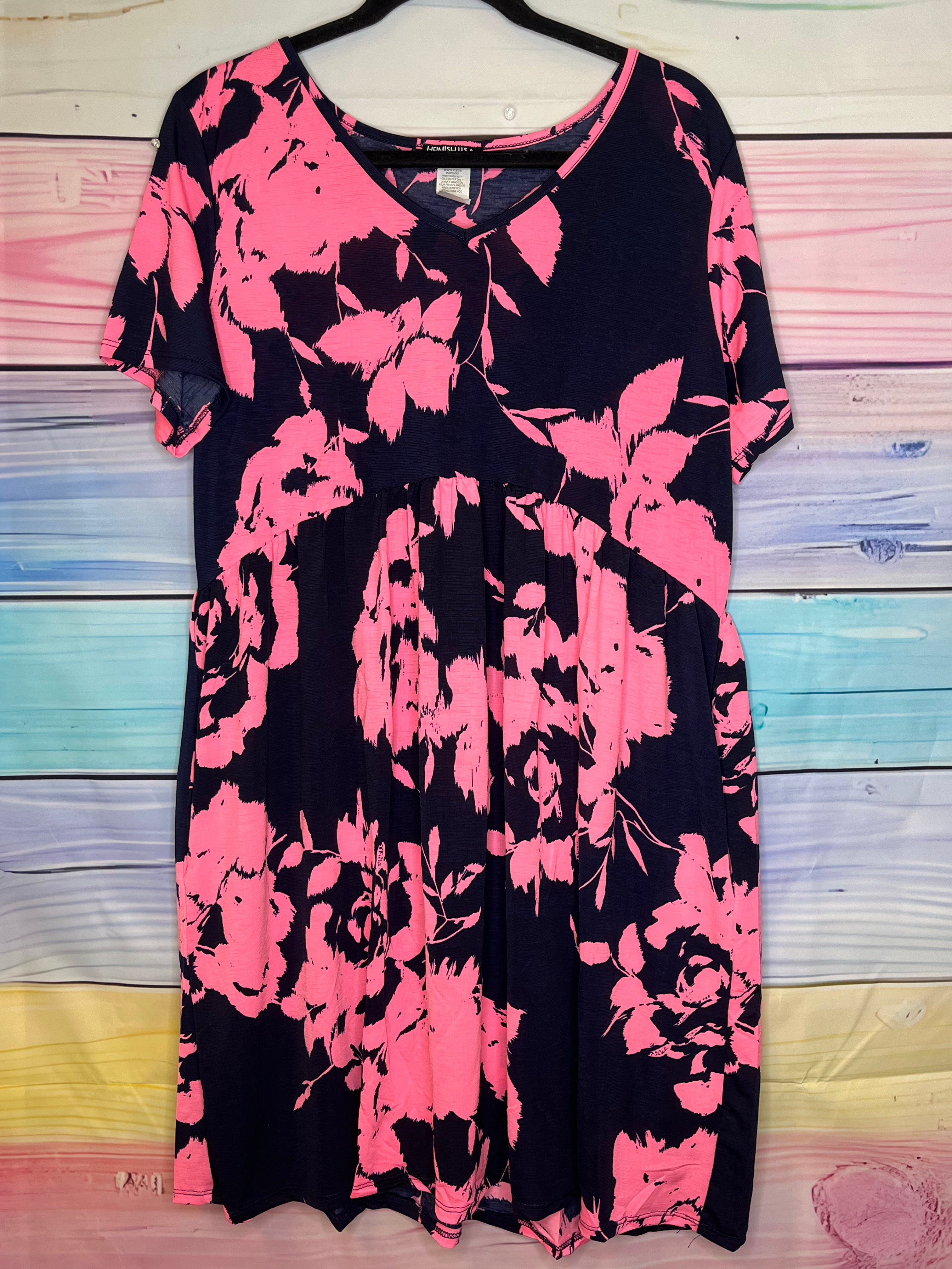 Navy/Pink V Neck Dress with Pockets (no buttons)