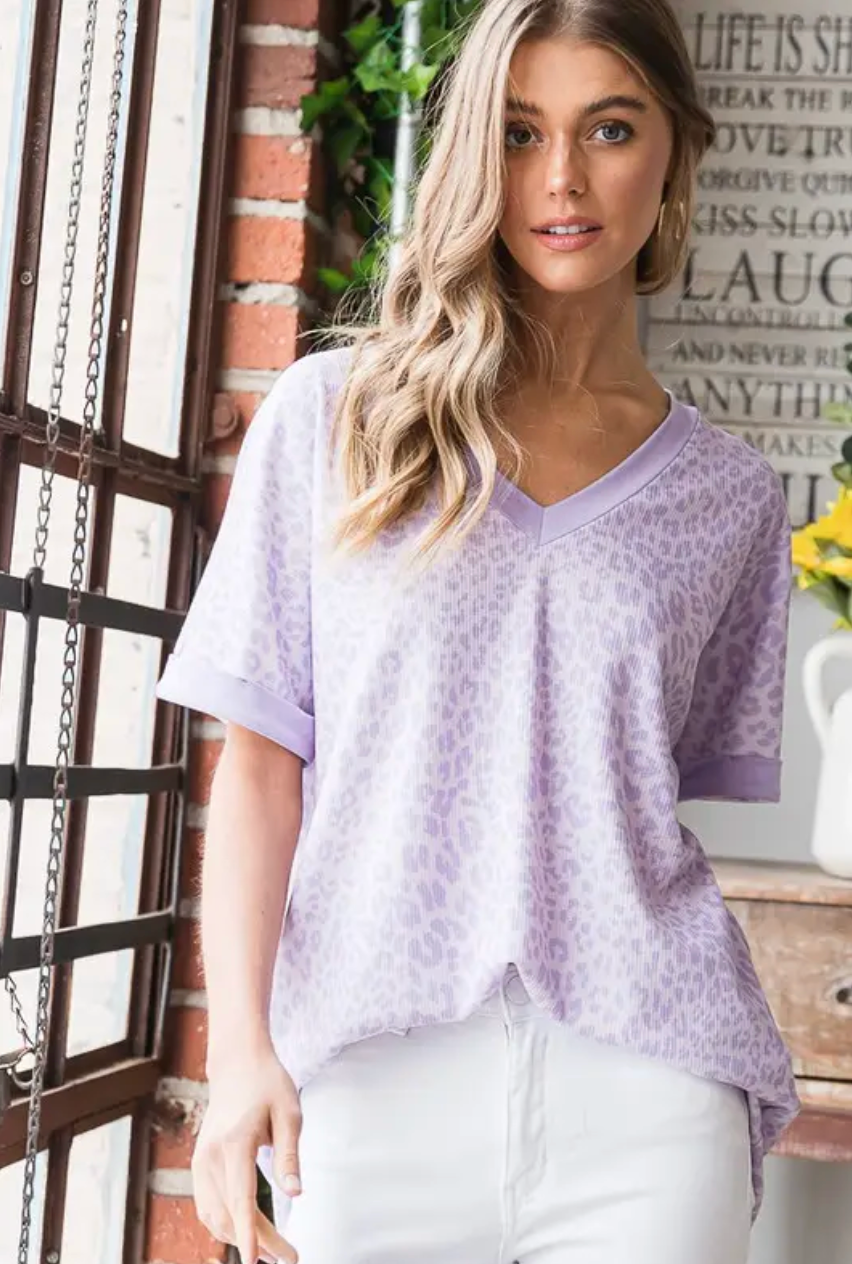 Lavender Animal Print V Neck Short Sleeve Top