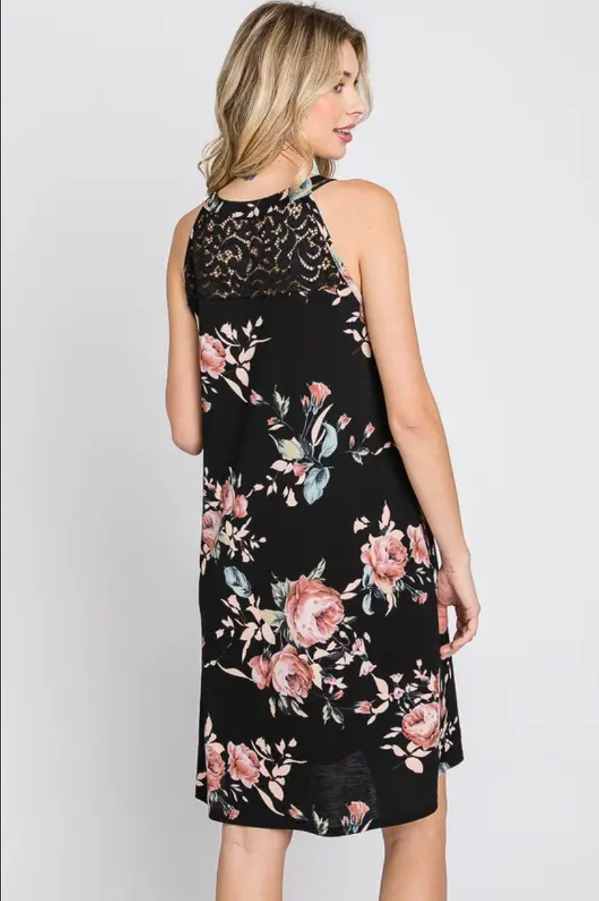 Black Floral and Lace Tank Dress