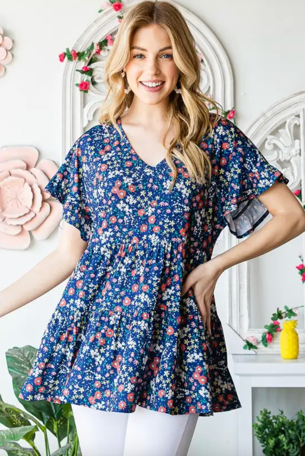 Navy Floral Tiered Short Sleeve Top