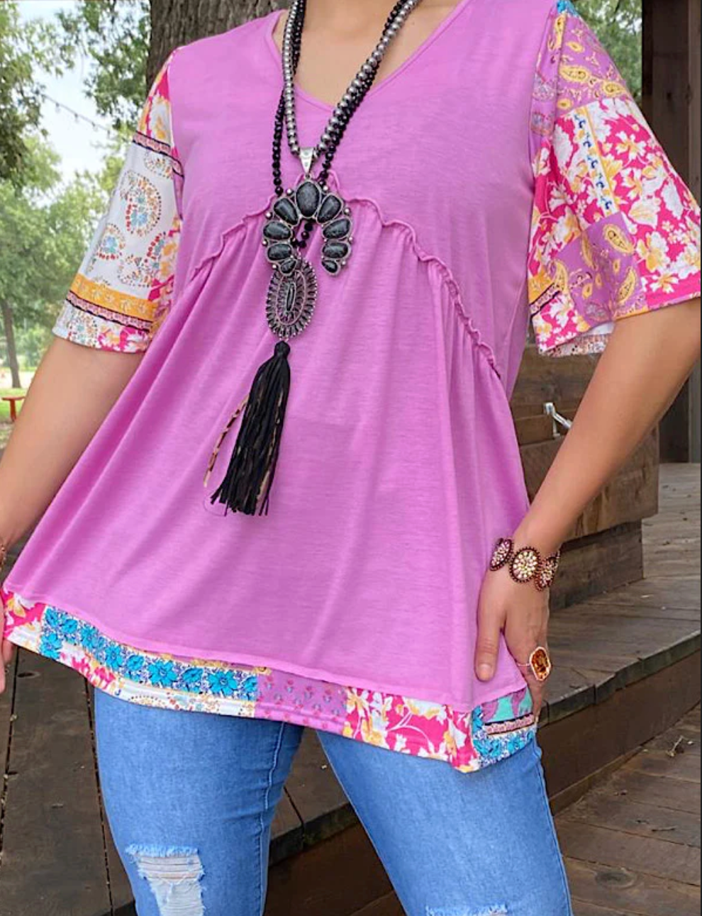 Pink Patchwork Short Sleeve Babydoll top