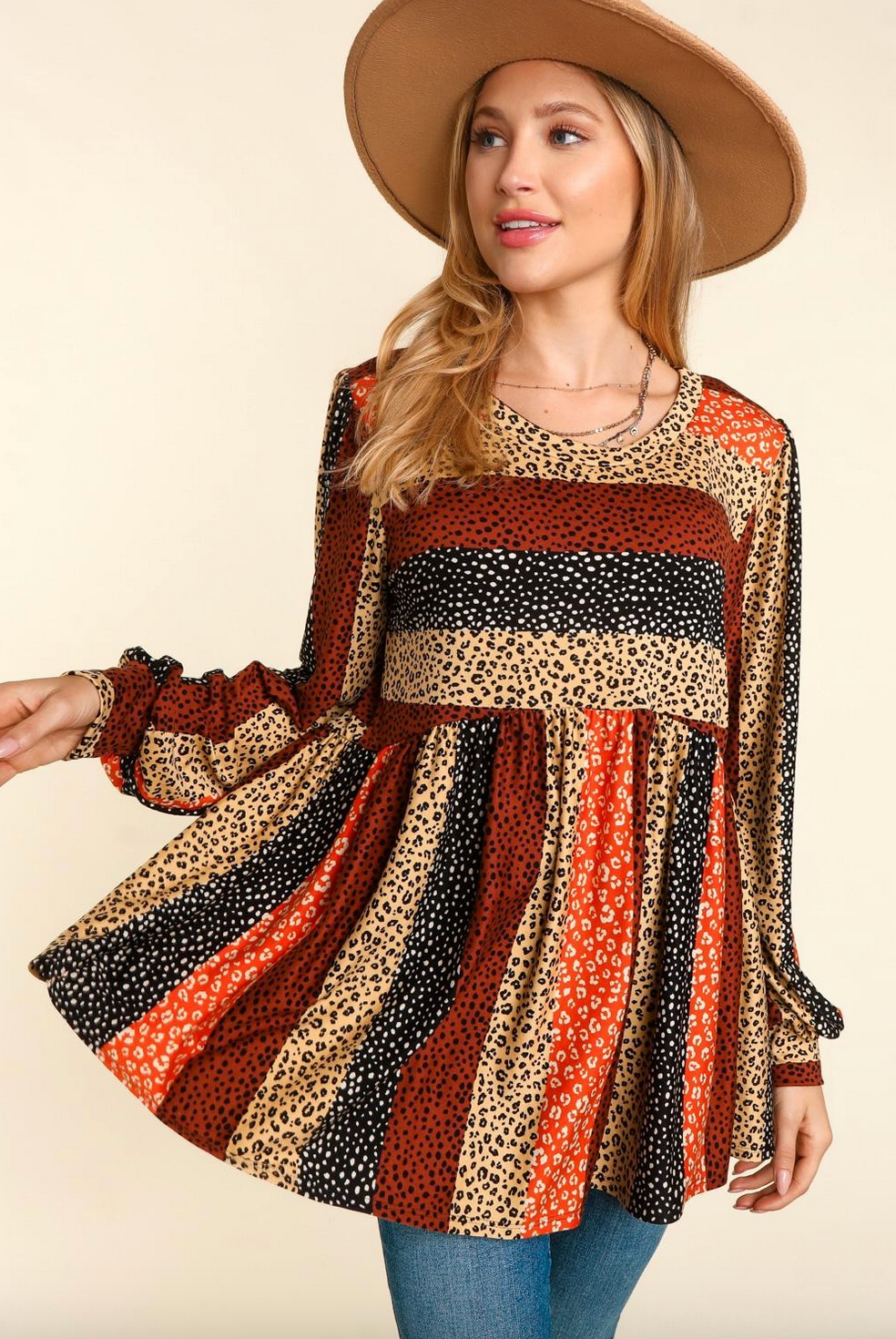 Long Sleeve Fit and Flare Leopard Stripe Babydoll