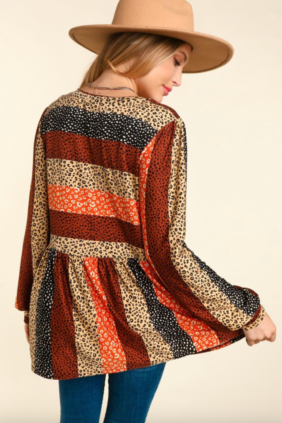 Long Sleeve Fit and Flare Leopard Stripe Babydoll
