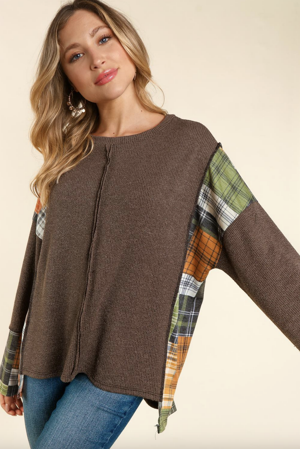 Plaid Accent Long Sleeve Sweater Knit Top