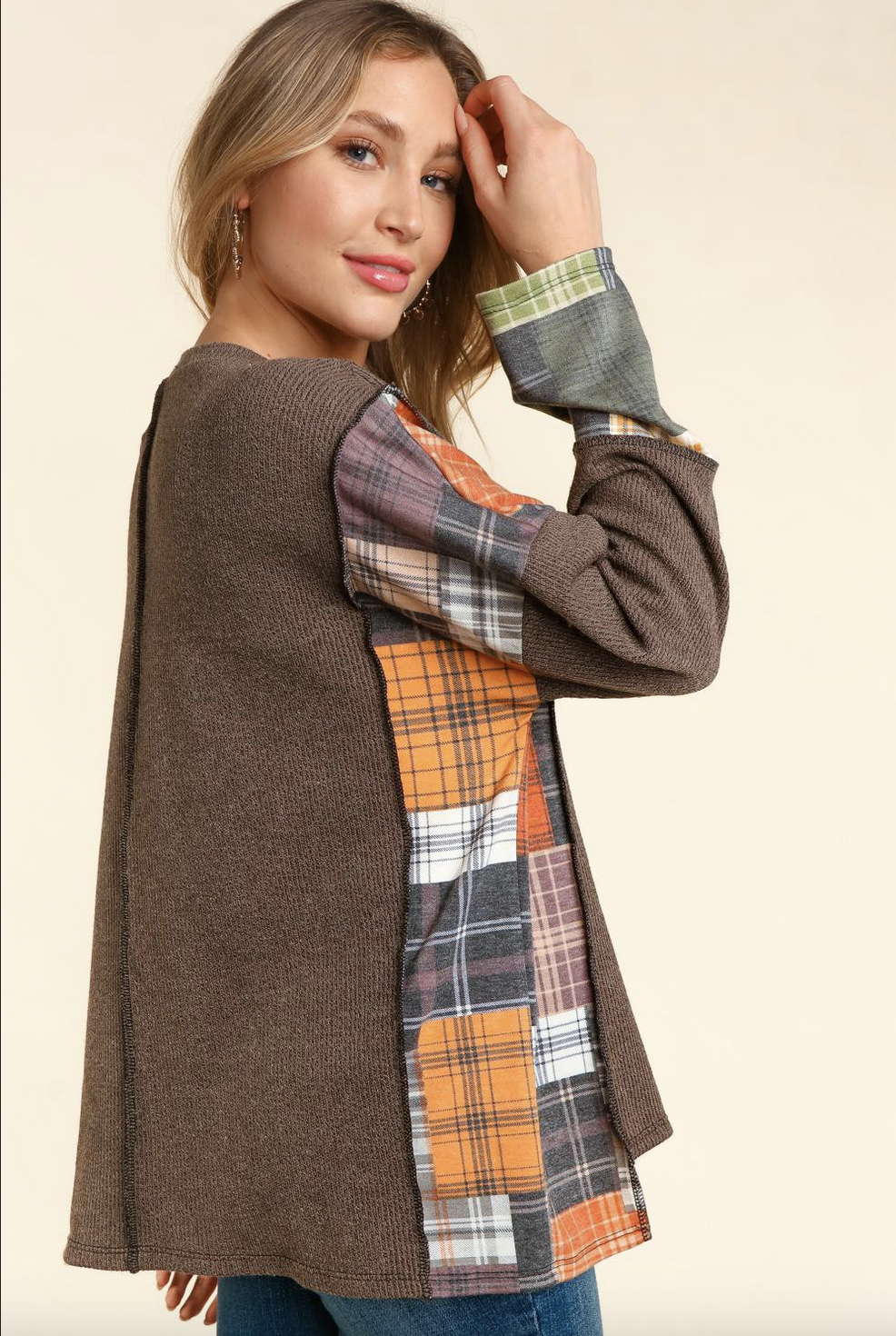 Plaid Accent Long Sleeve Sweater Knit Top