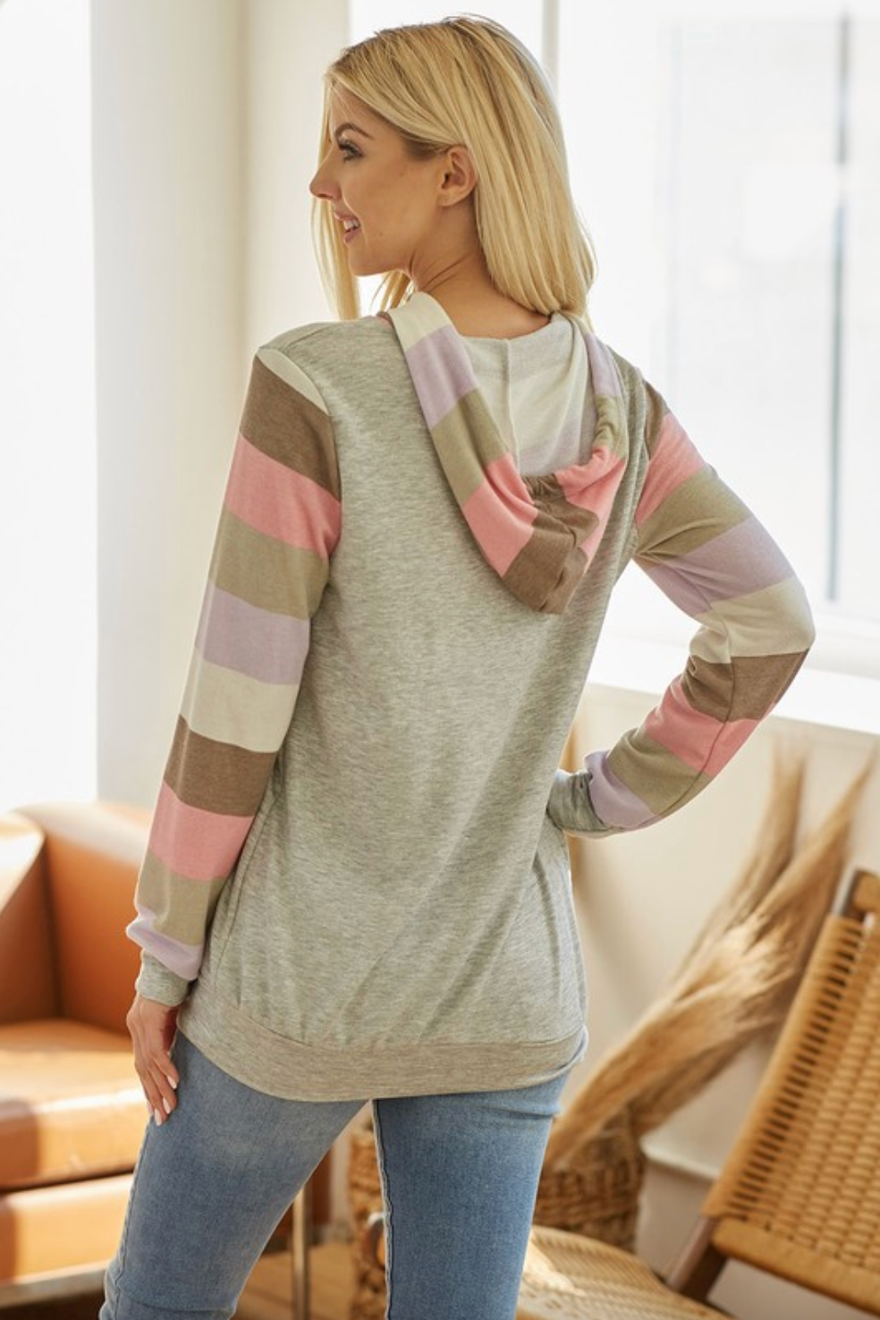Lightweight Grey Hoodie with Striped Sleeves and Hood