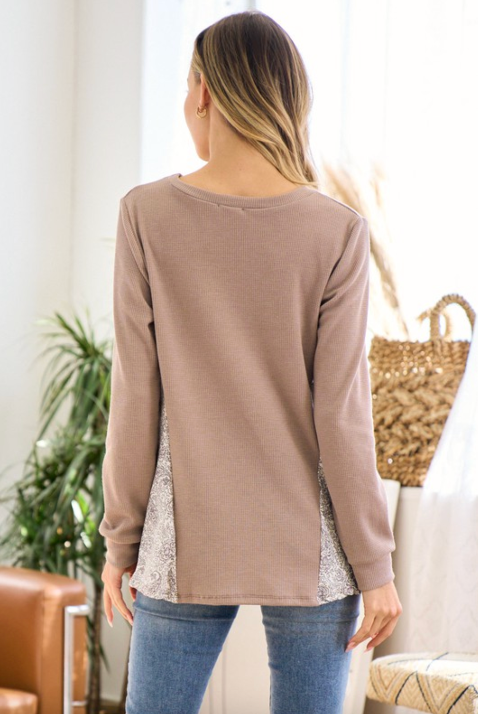 Mocha Thermal Long Sleeve Top with Paisley Inserts