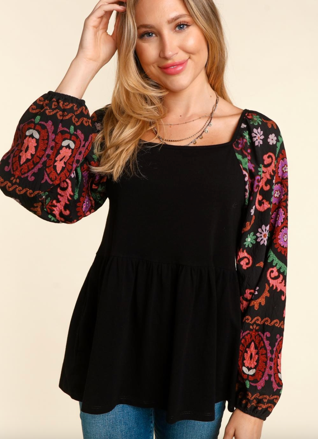 Square Neck Black Peplum Top with Patterned Sleeves