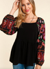 Square Neck Black Peplum Top with Patterned Sleeves