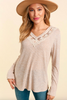 Tan Ribbed V-Neck Lace Neck Long Sleeve Top