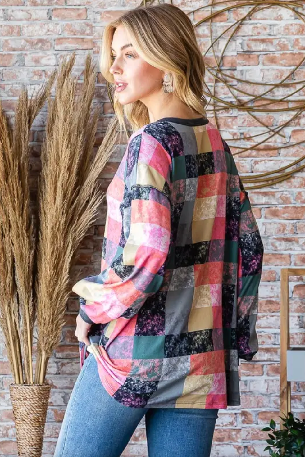 Multicolor Patterned Square Long Sleeve Top