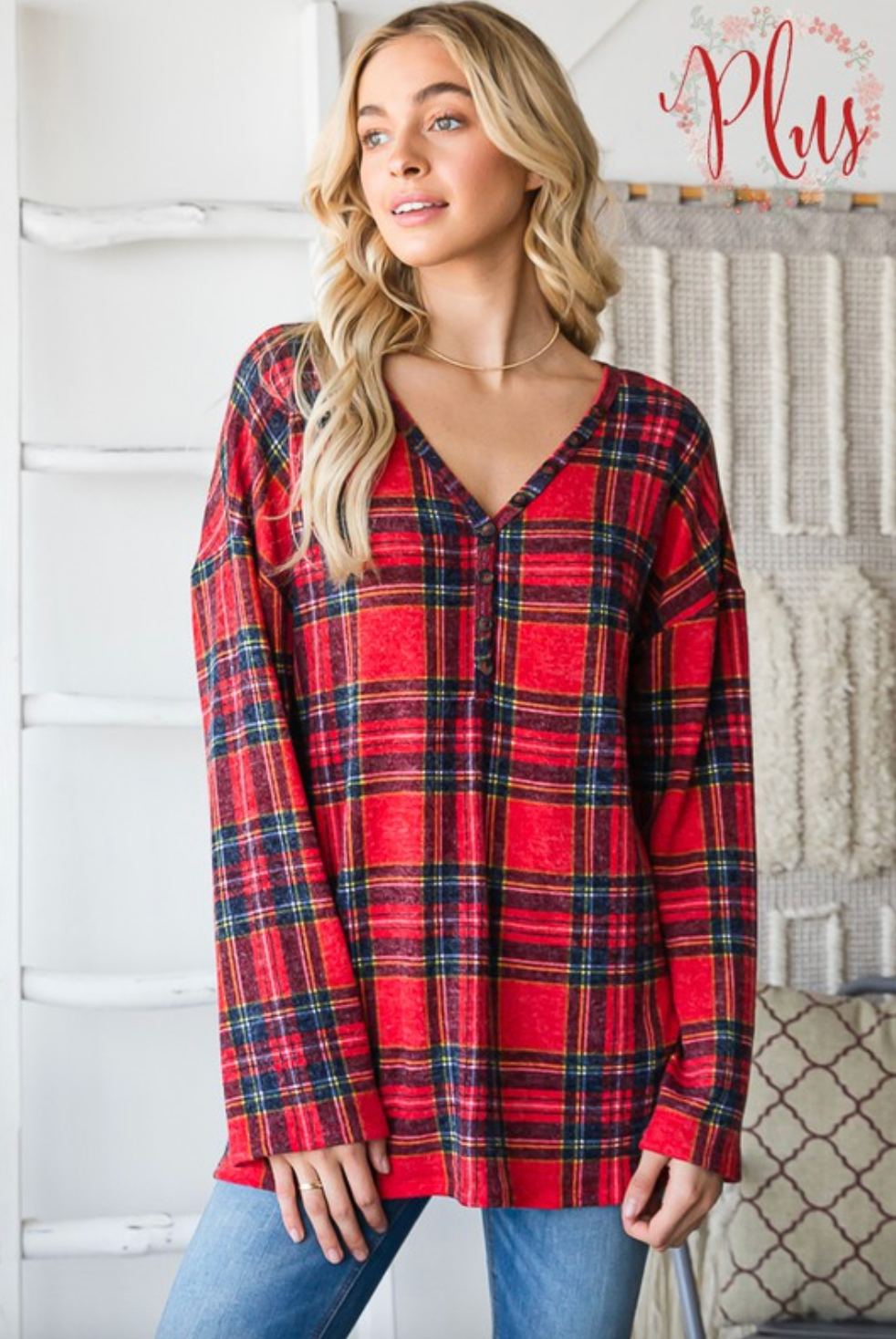 Plus Long Sleeve Red Plaid Top