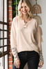 Long Sleeve Knit Placket Top with Animal Print Contrast Sleeve