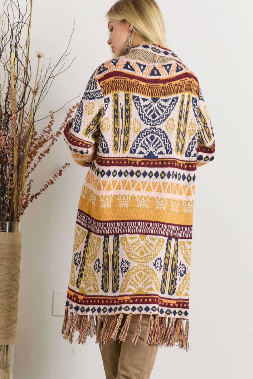 Open Front Fringed Tribal Sweater