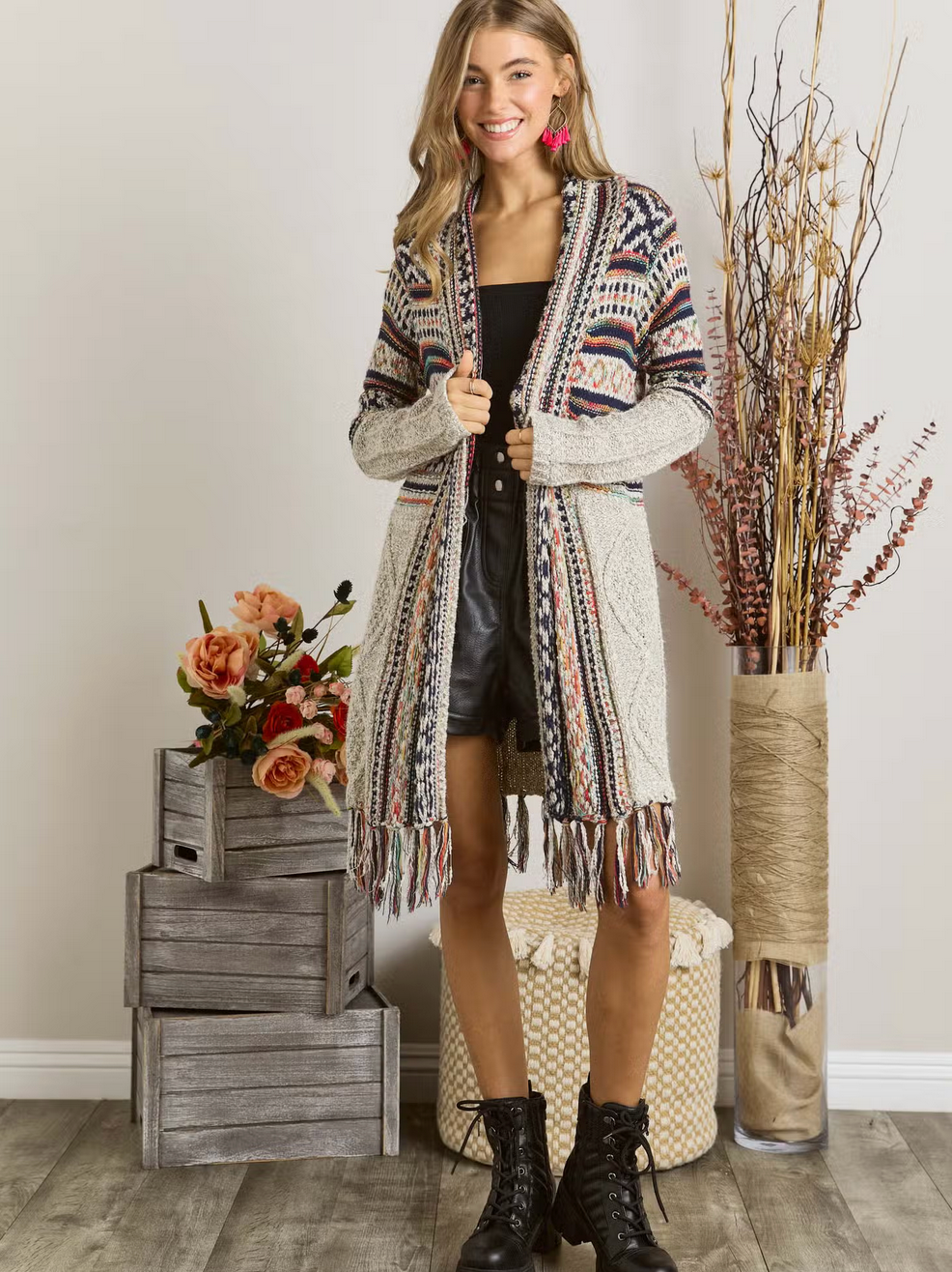 Open Front Fringed Tribal Sweater