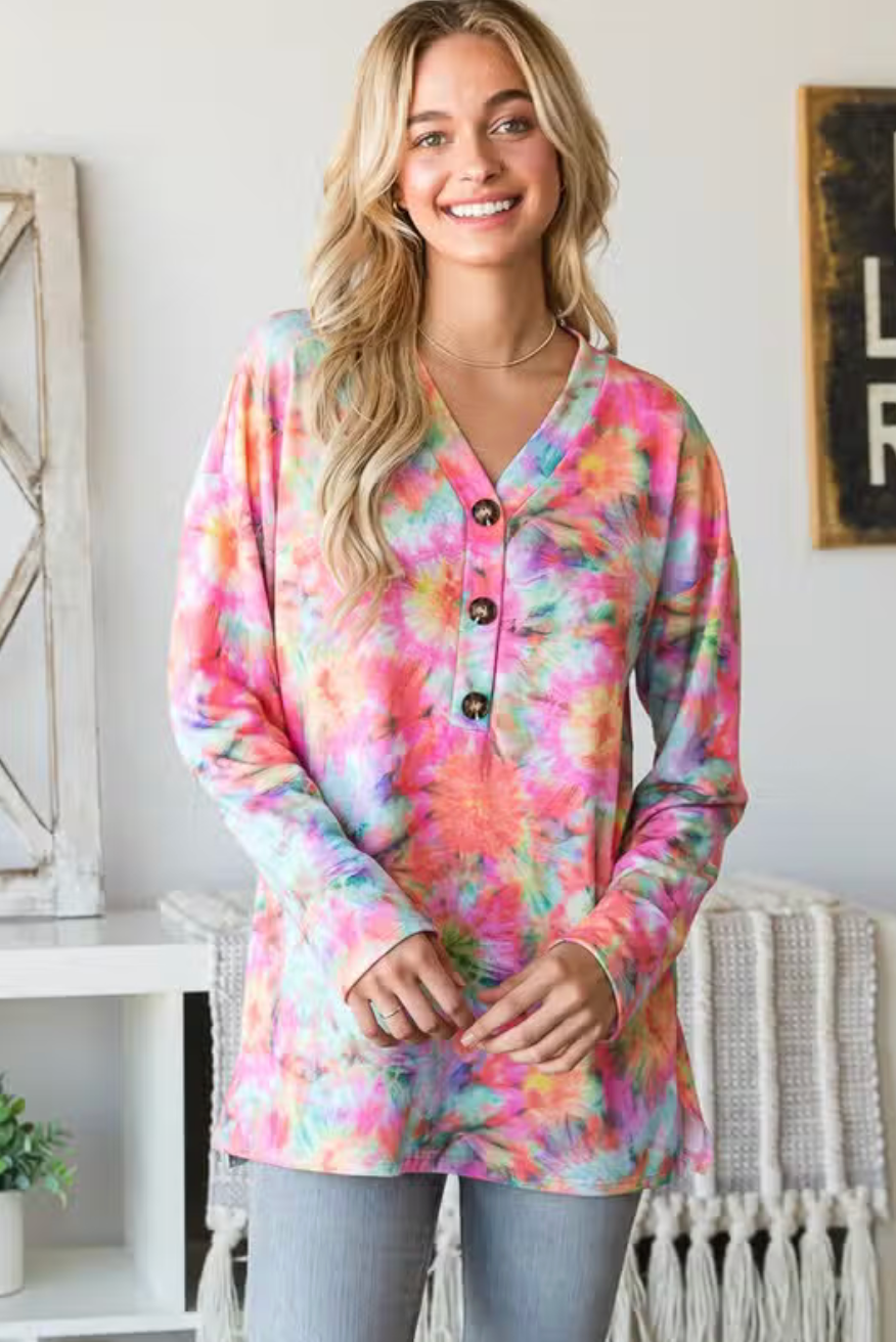 Button Front Tie Dye Long Sleeve Top