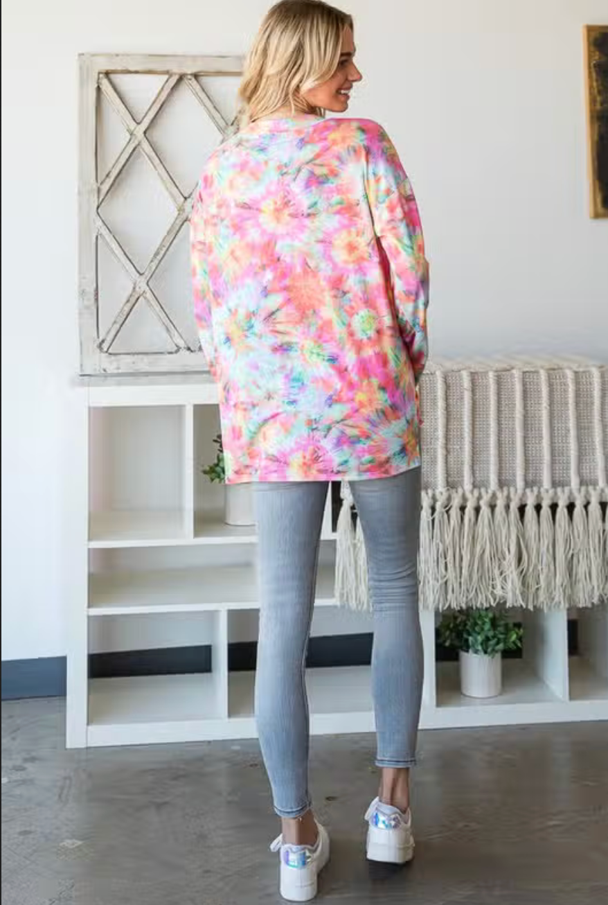 Button Front Tie Dye Long Sleeve Top