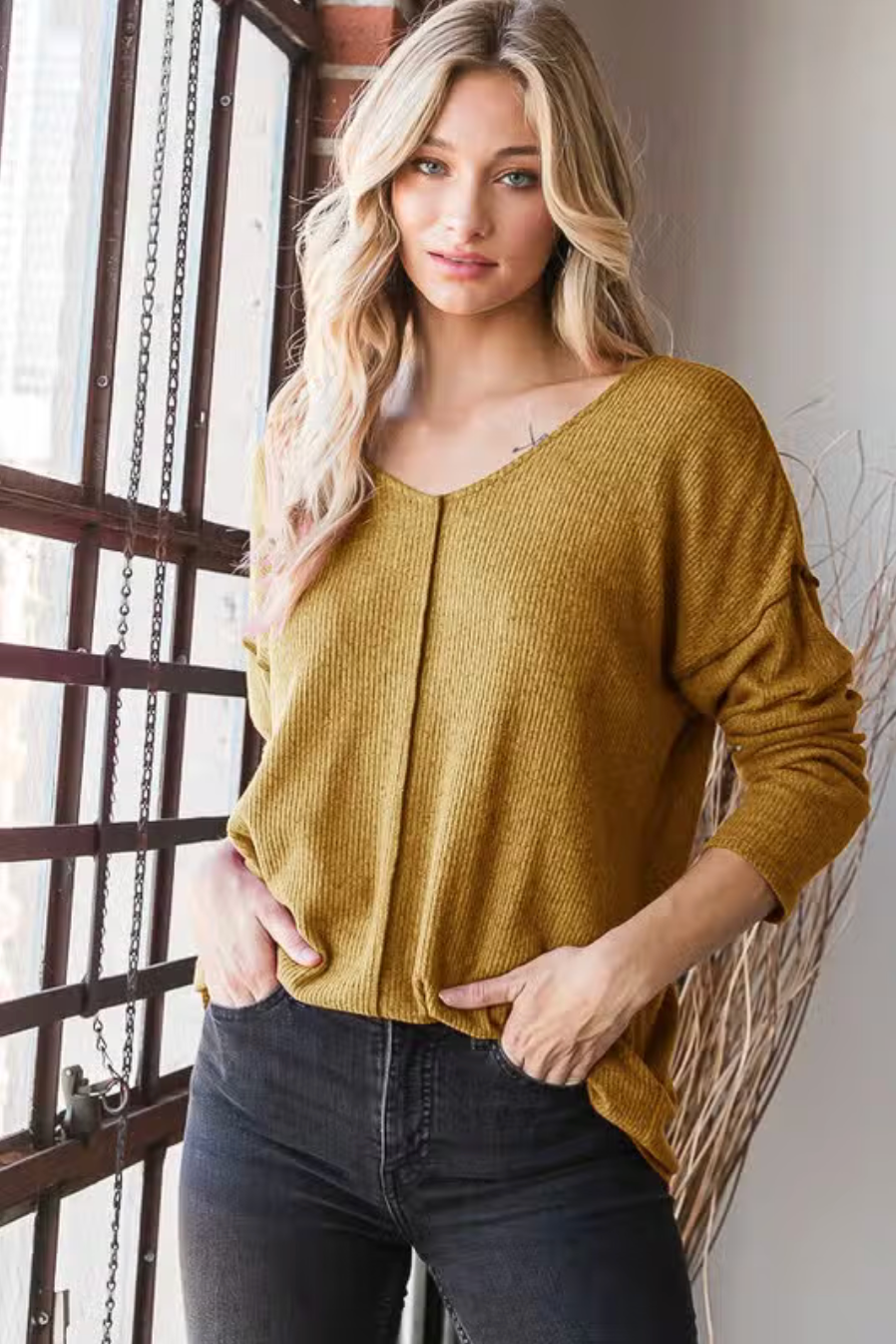 Solid Ribbed Long Sleeve Top with Seam Detail