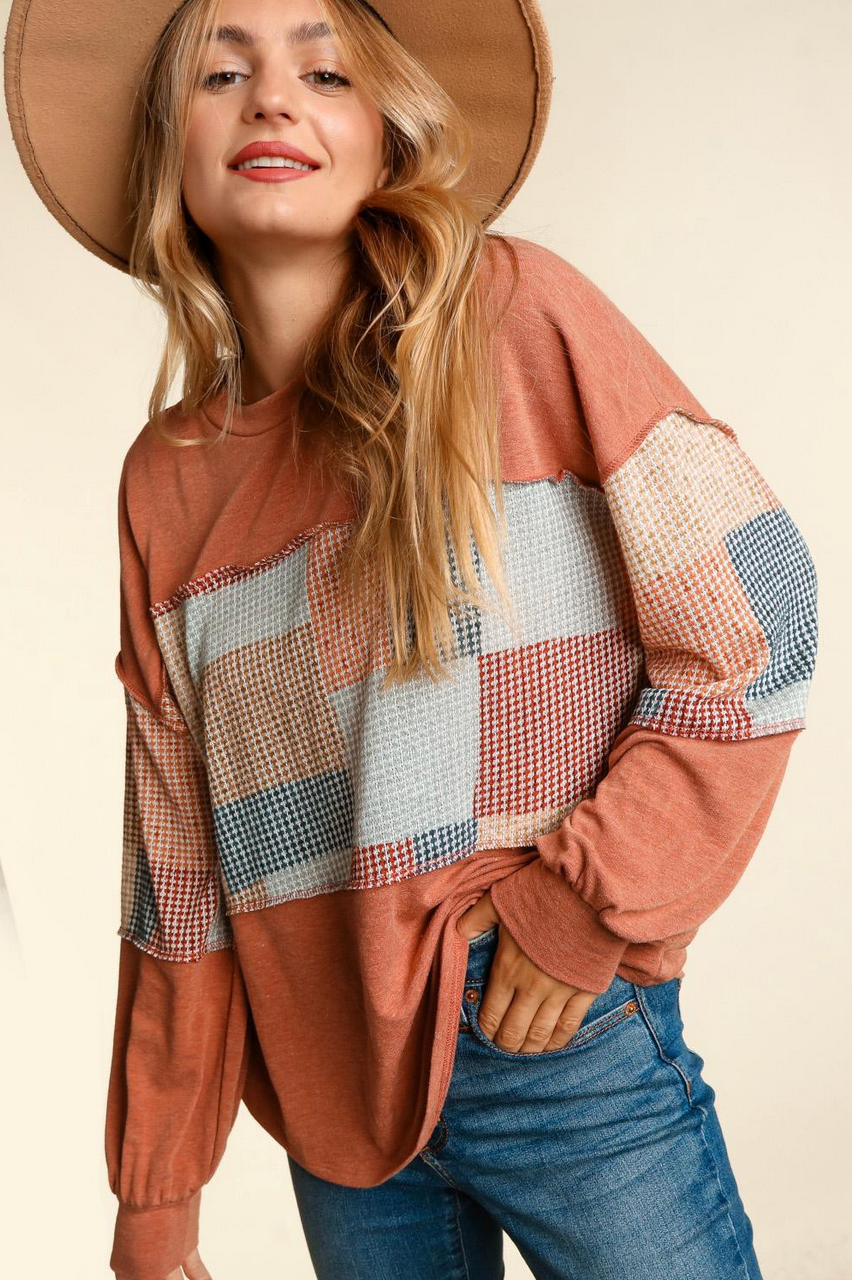 Plus Rust Bubble Sleeve Patchwork Long Sleeve Top