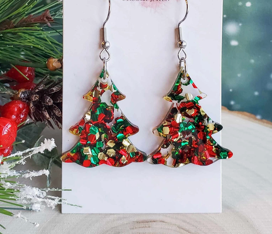 Red/Green/Gold Glitter Christmas Tree Earrings