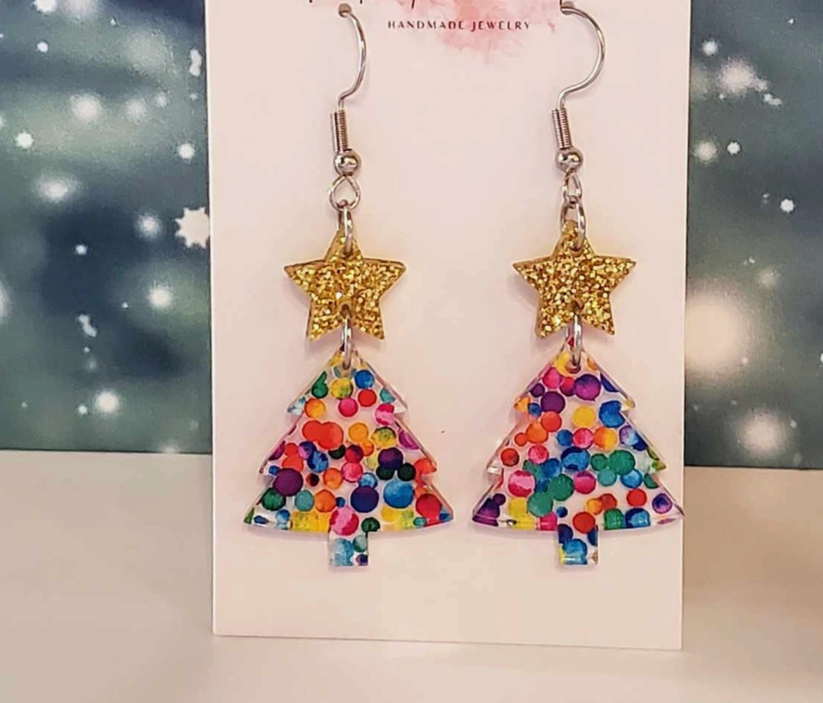 Rainbow Dot and Star Christmas Tree Earrings