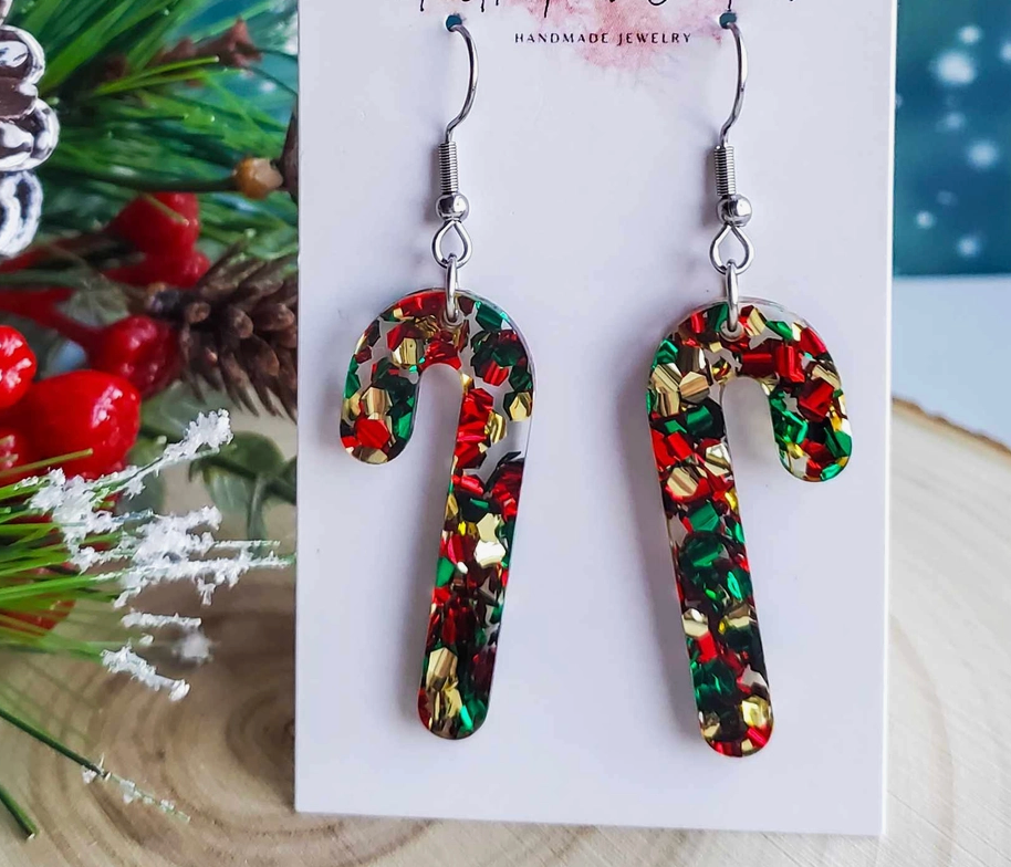 Red/Green/Gold Candy Cane Earrings