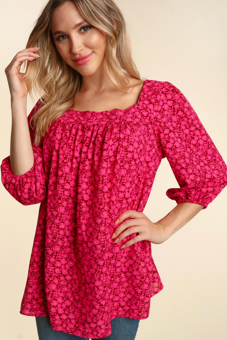 Square Neck Ditsy Print 3/4 Sleeve Top