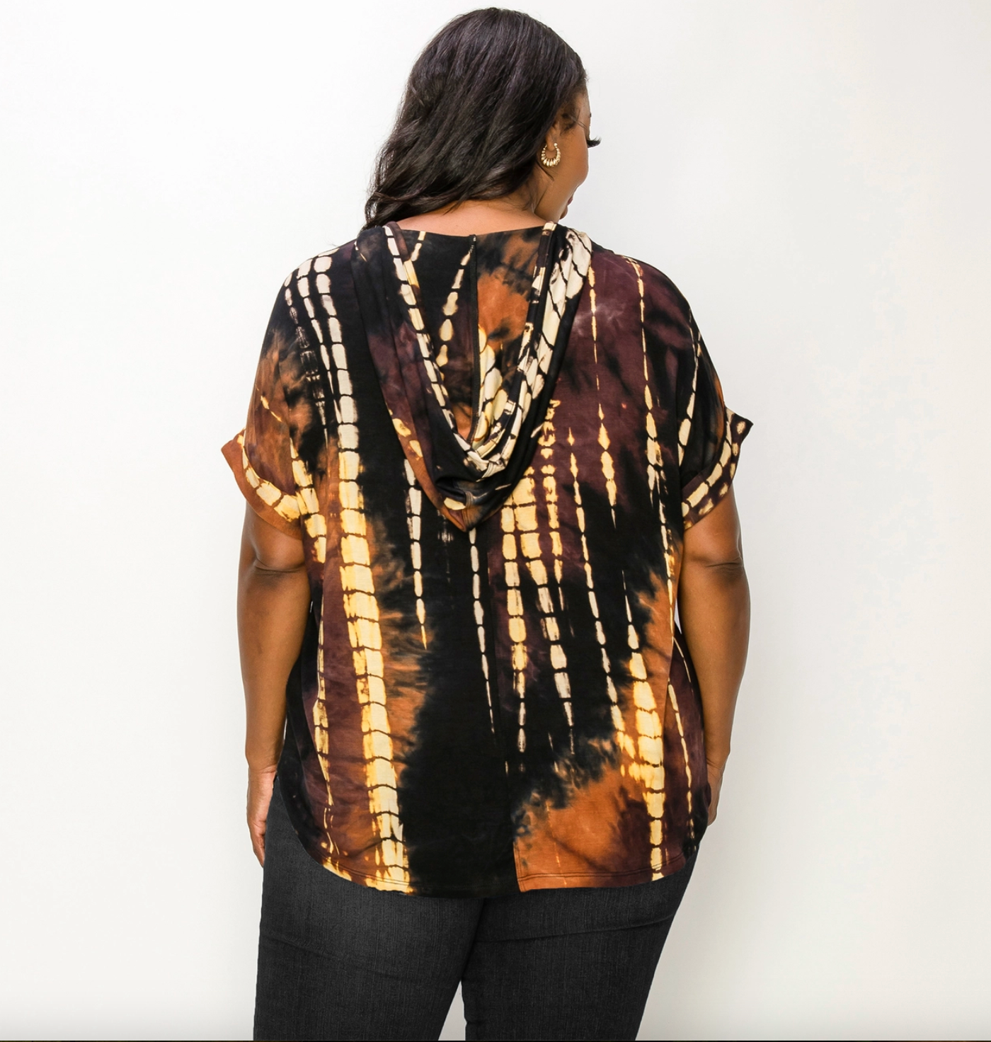 Plus Black/Taupe Tie Dye Short Sleeve Hoodie