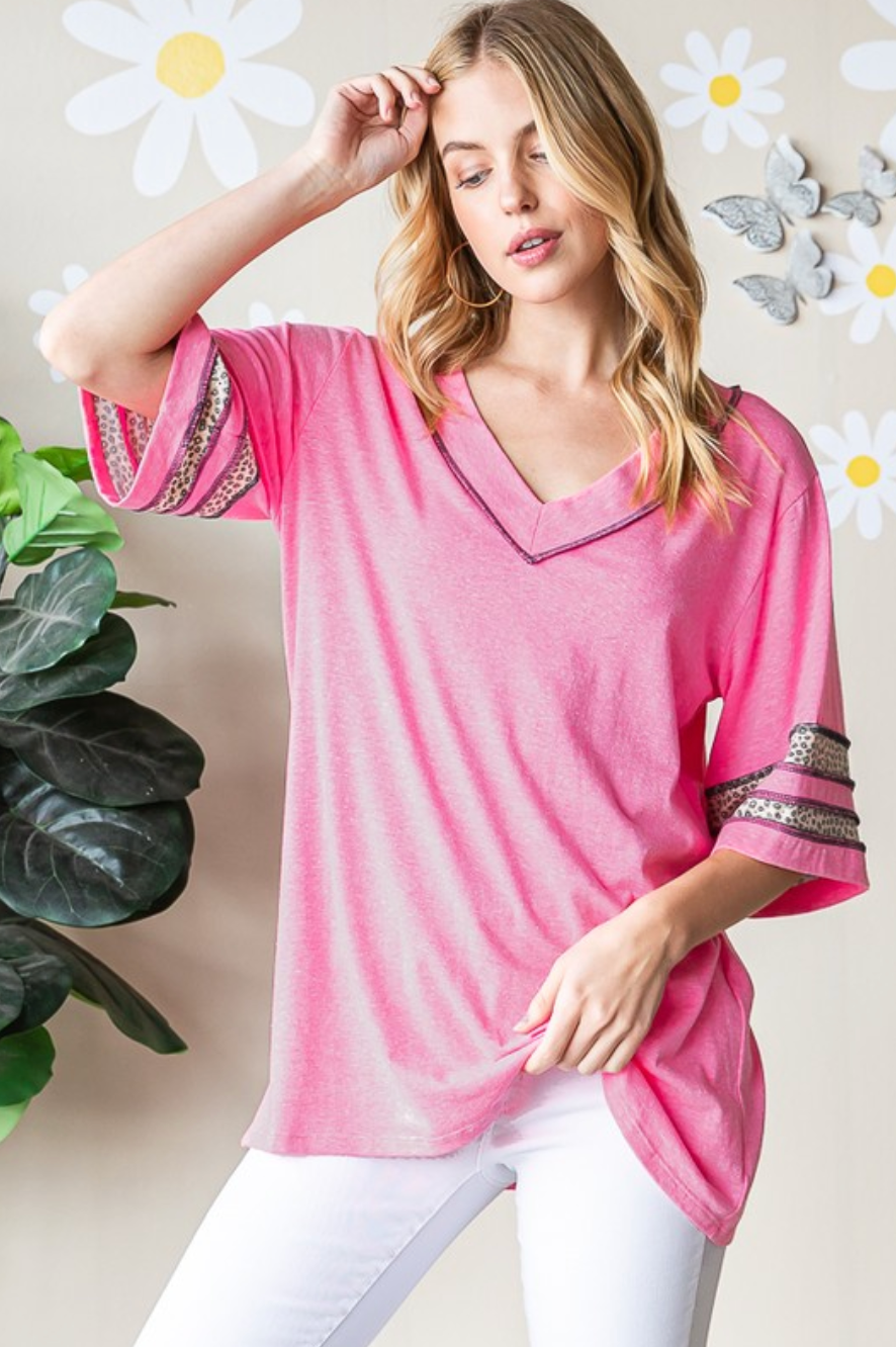 Pink V Neck Top with Animal Print Stripes