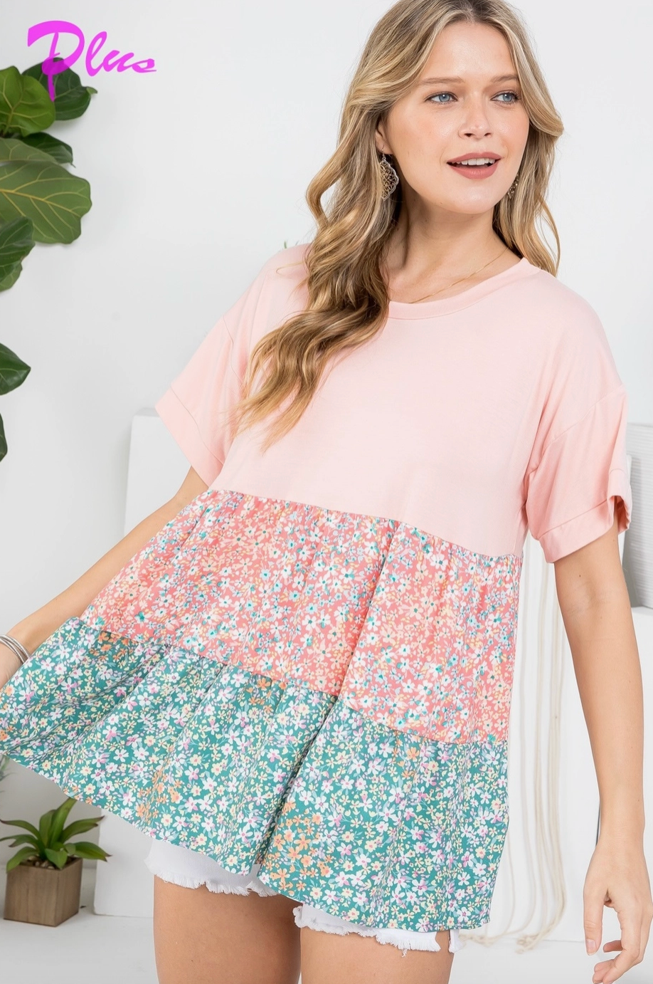 Plus Blush and Green Solid and Print Babydoll Top