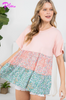 Plus Blush and Green Solid and Print Babydoll Top