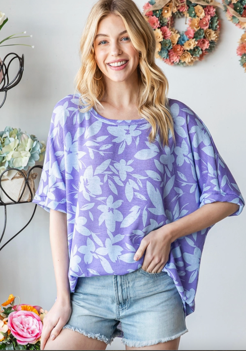 Knit Floral Oversized Short Sleeve Top