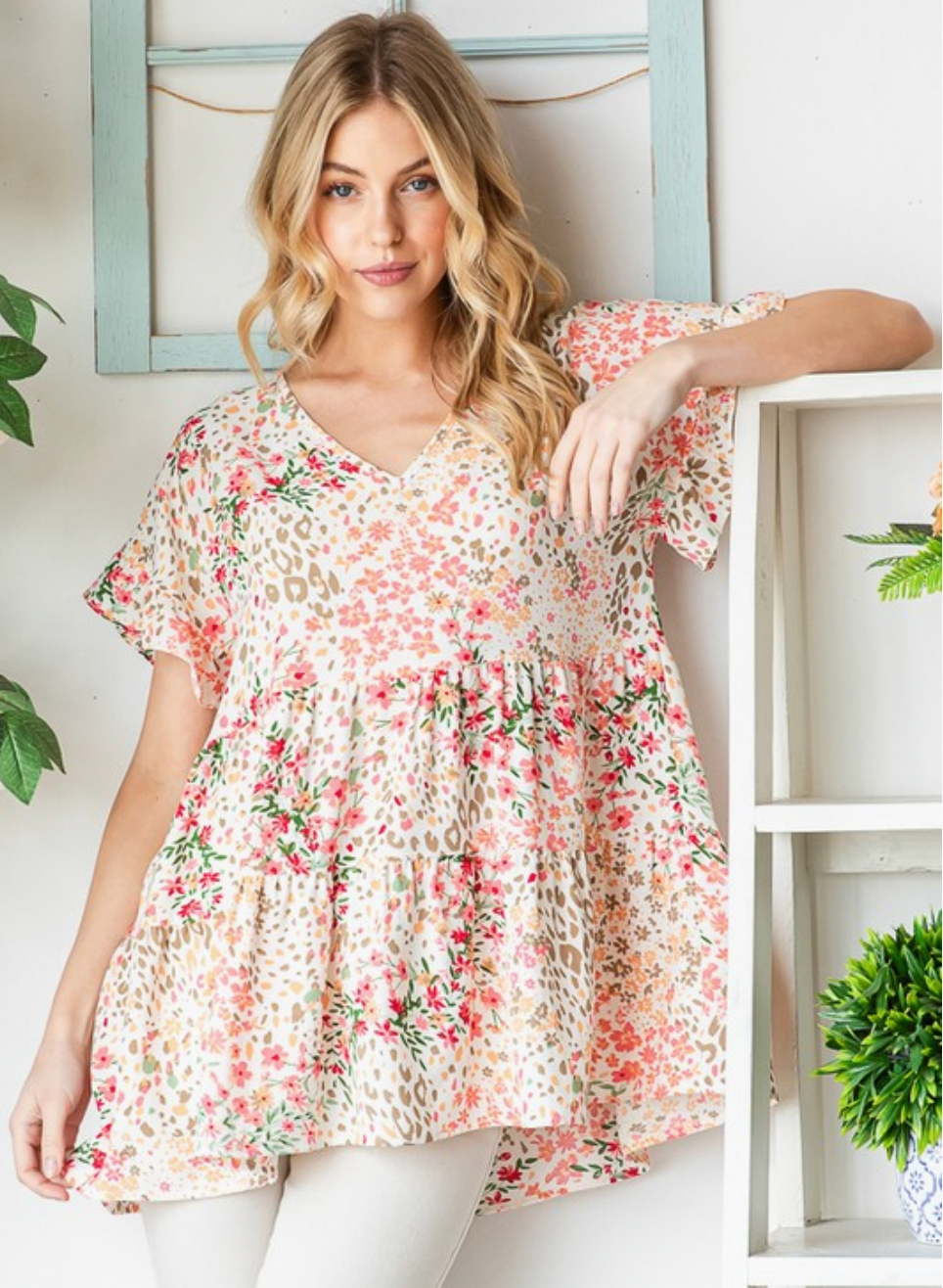 Ivory Floral Tiered Short Sleeve Top