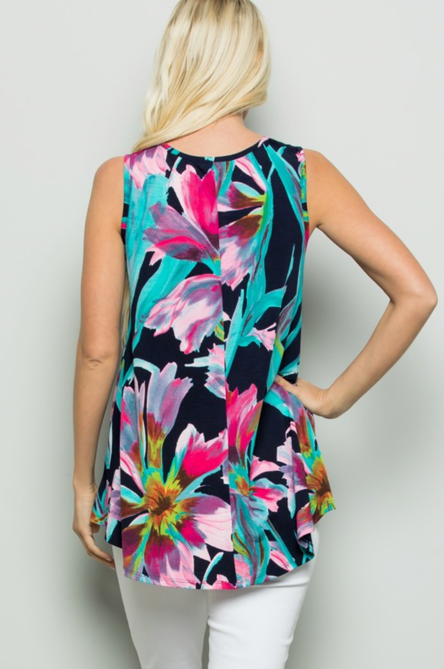 Navy Tropical Floral Sleeveless Top