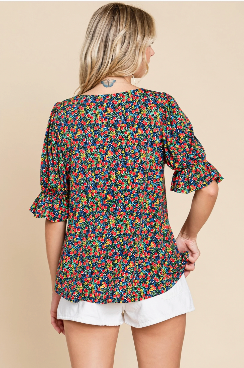 Square Neck Floral Short Sleeve Top