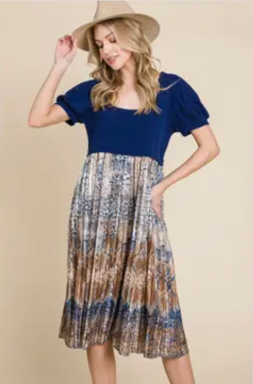 Solid Top, Print Skirt Knee Length Dress