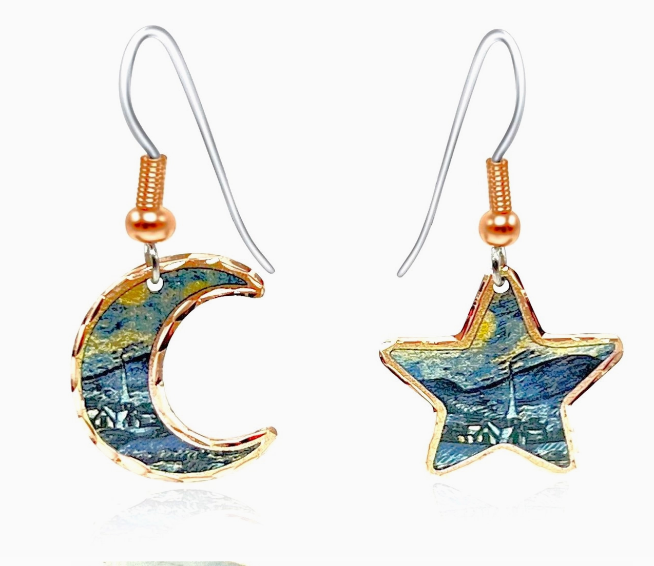 Starry Night Moon and Star Copper Earrings