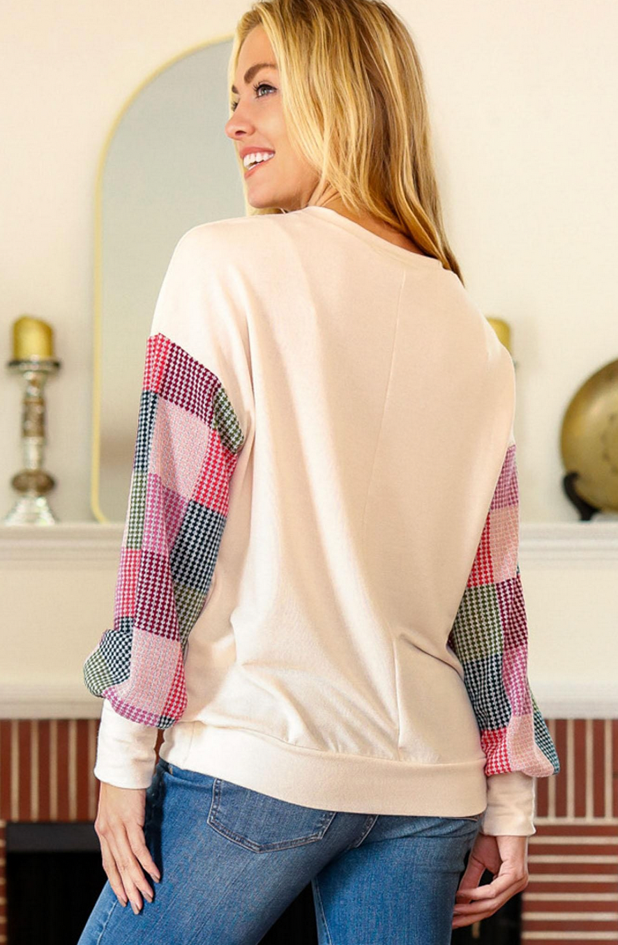 Checker Sleeve Sweater Knit Long Sleeve Top