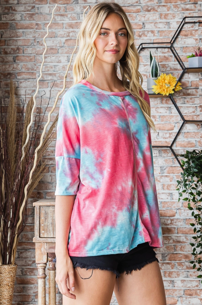 Blue/Coral Tie Dye 3/4 Sleeve Top