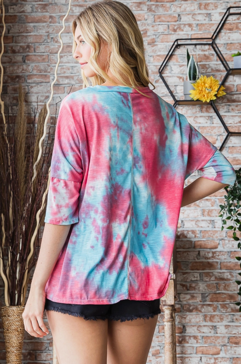 Blue/Coral Tie Dye 3/4 Sleeve Top