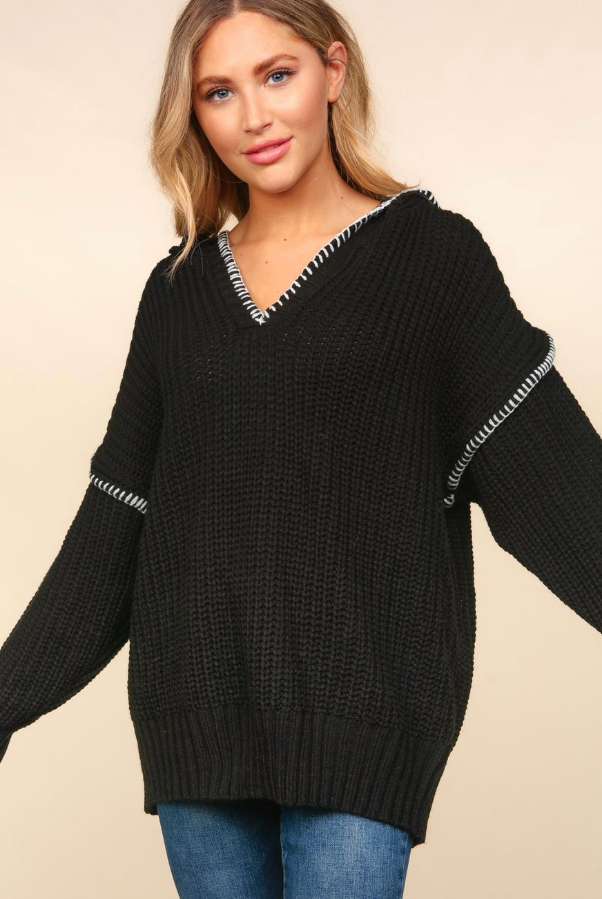 Black Sweater with White Stitch Detail