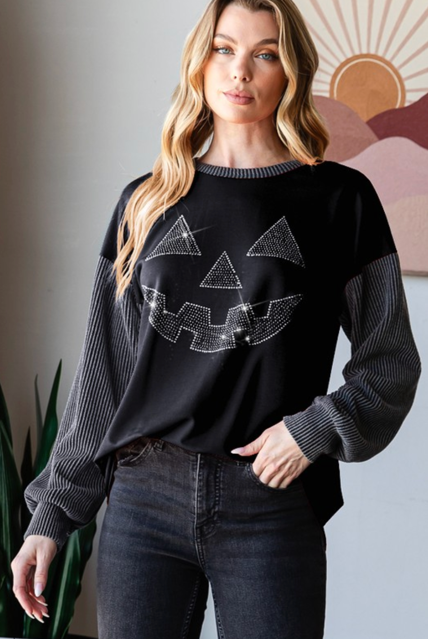 Ribbed Sleeve Rhinestone Jack-o-lantern Long Sleeve Top