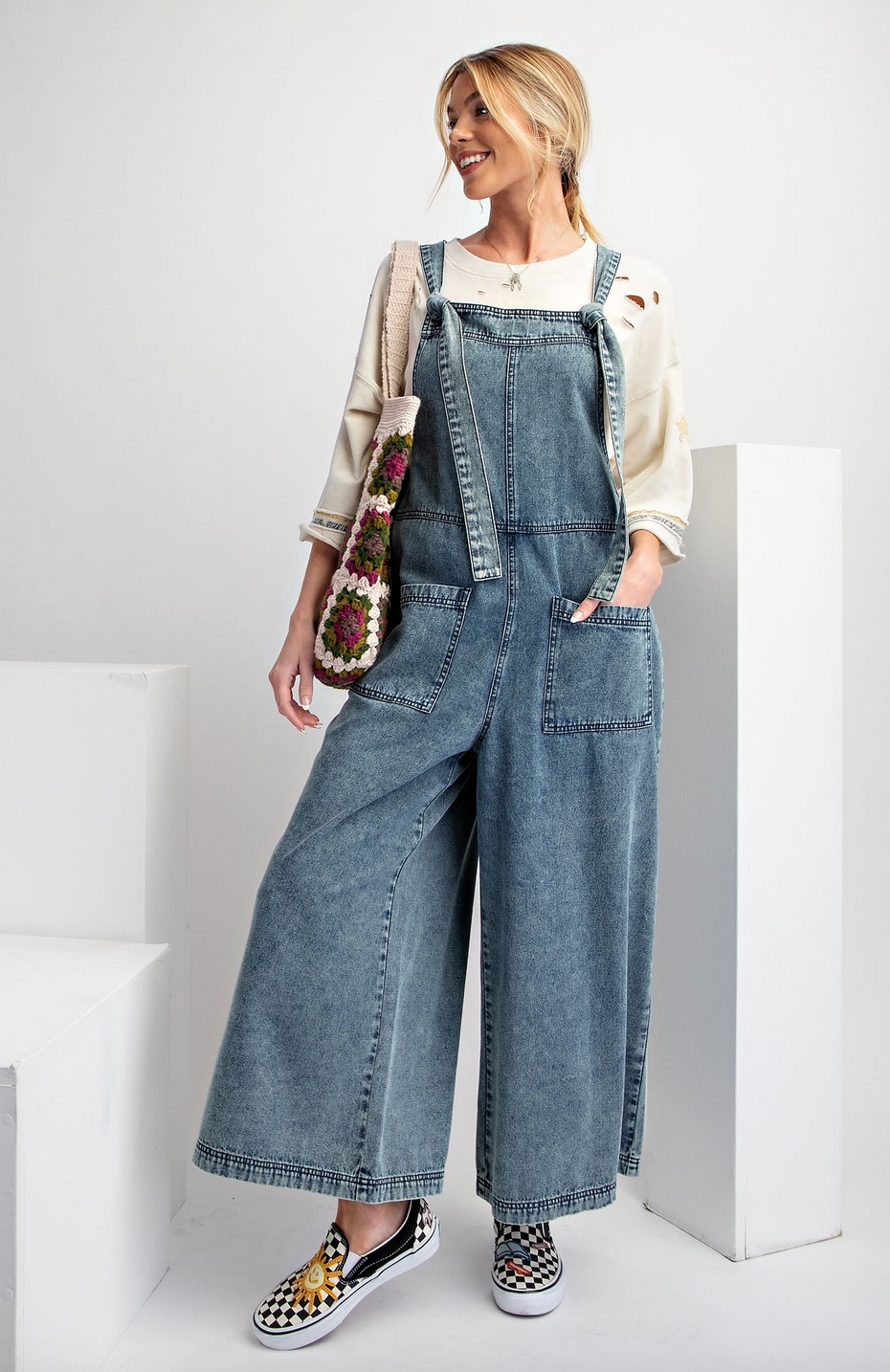 Stone Washed Wide Leg Denim Jumpsuit