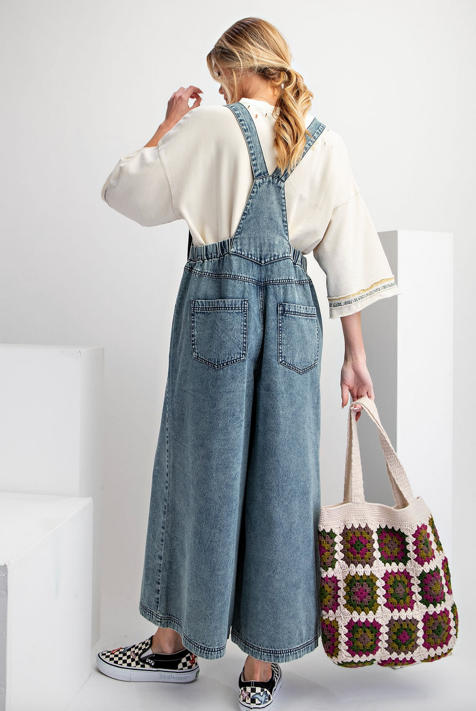 Stone Washed Wide Leg Denim Jumpsuit