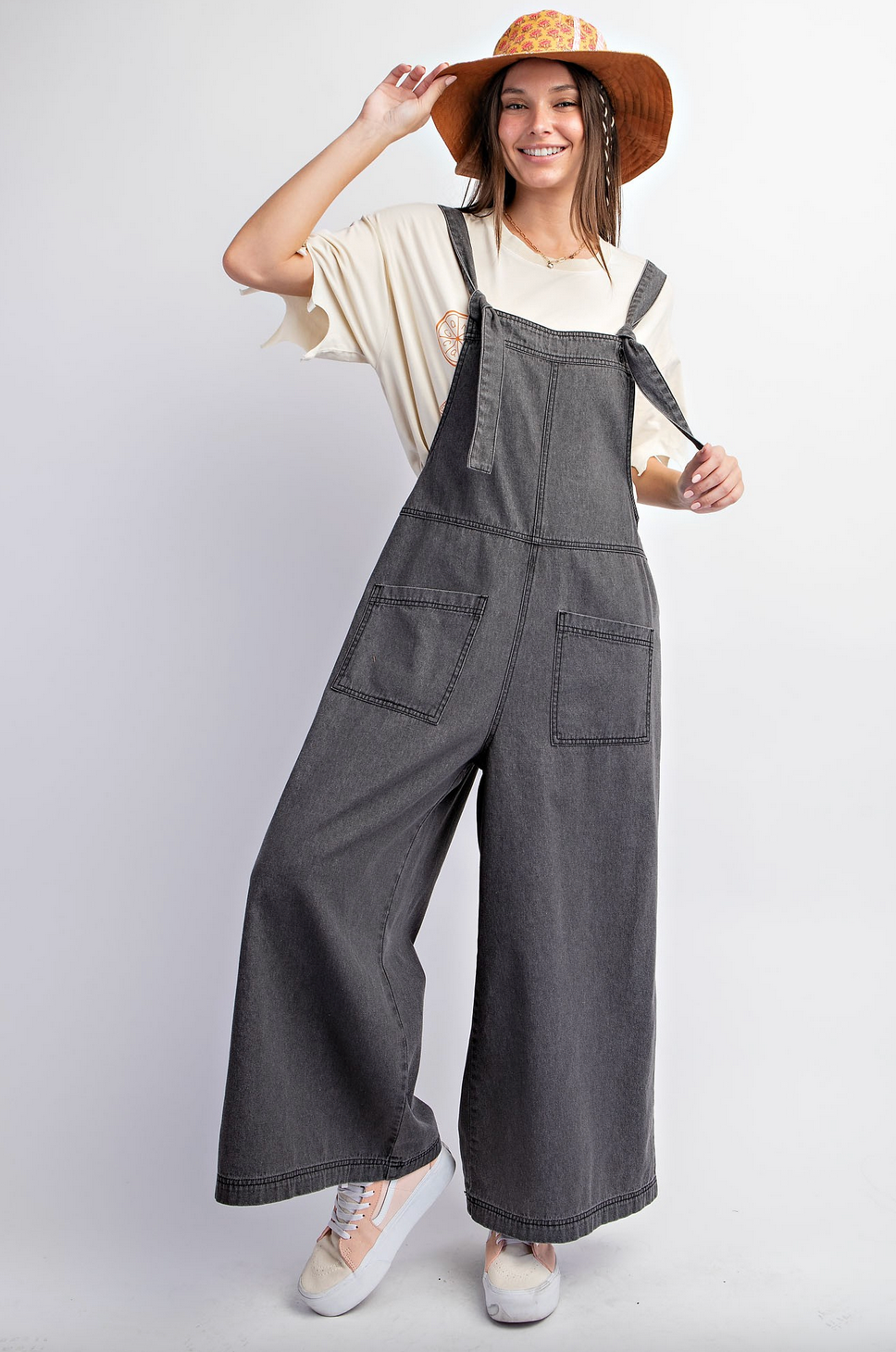 Stone Washed Wide Leg Denim Jumpsuit